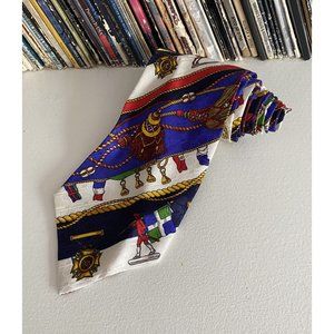 SHARPER IMAGE MENS TIE GOLD WHITE BLUE 100% Silk Made in Italy